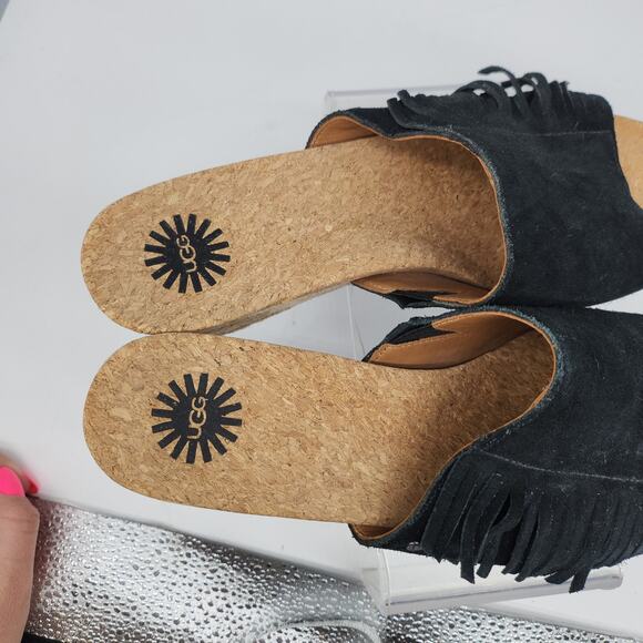 Ugg Sandals 8 Black Suede Leather Fringe Boho Peep Toe Wedges Mules Espadrille - Picture 13 of 14